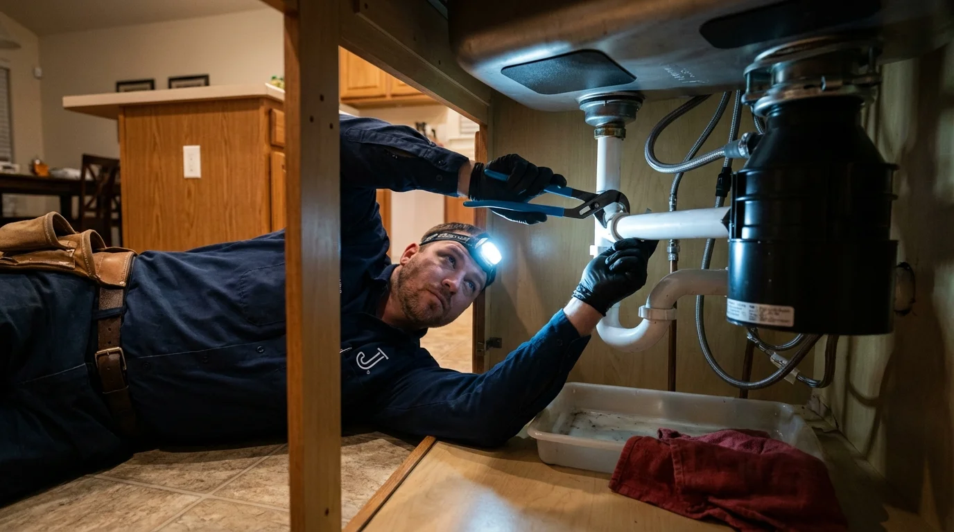 P-trap and supply line connections under a kitchen sink showing a common leak point in Troy, NC